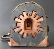 Incompass, copper, wood, leather, stain 5" x 4" x 3.5"